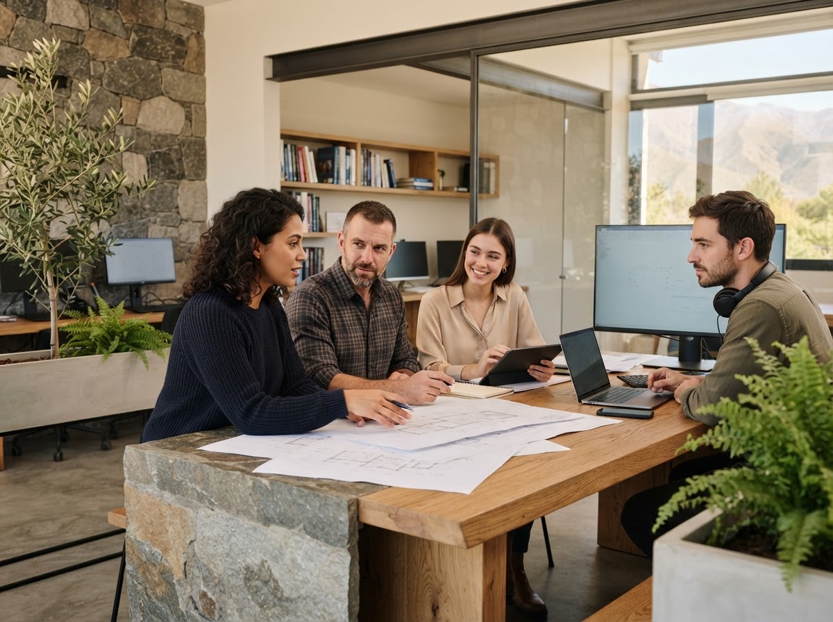Equipo de Xynavero trabajando sobre modelos de análisis financiero en un entorno de oficina sobrio